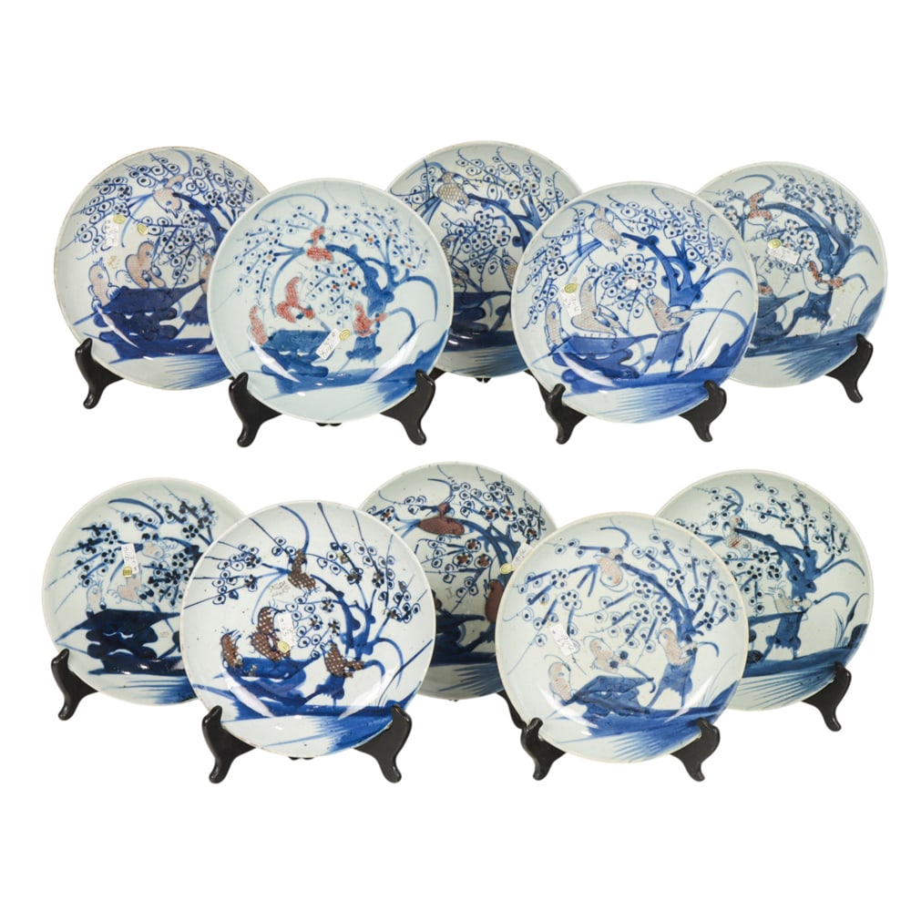 (lot of 10) Chinese blue and white and copper red dishes: (lot of 10) Chinese blue and white and copper red dishes. Depicting birds and flowering prunus tree, late Qing period, from 8.75" to 9.25" across.