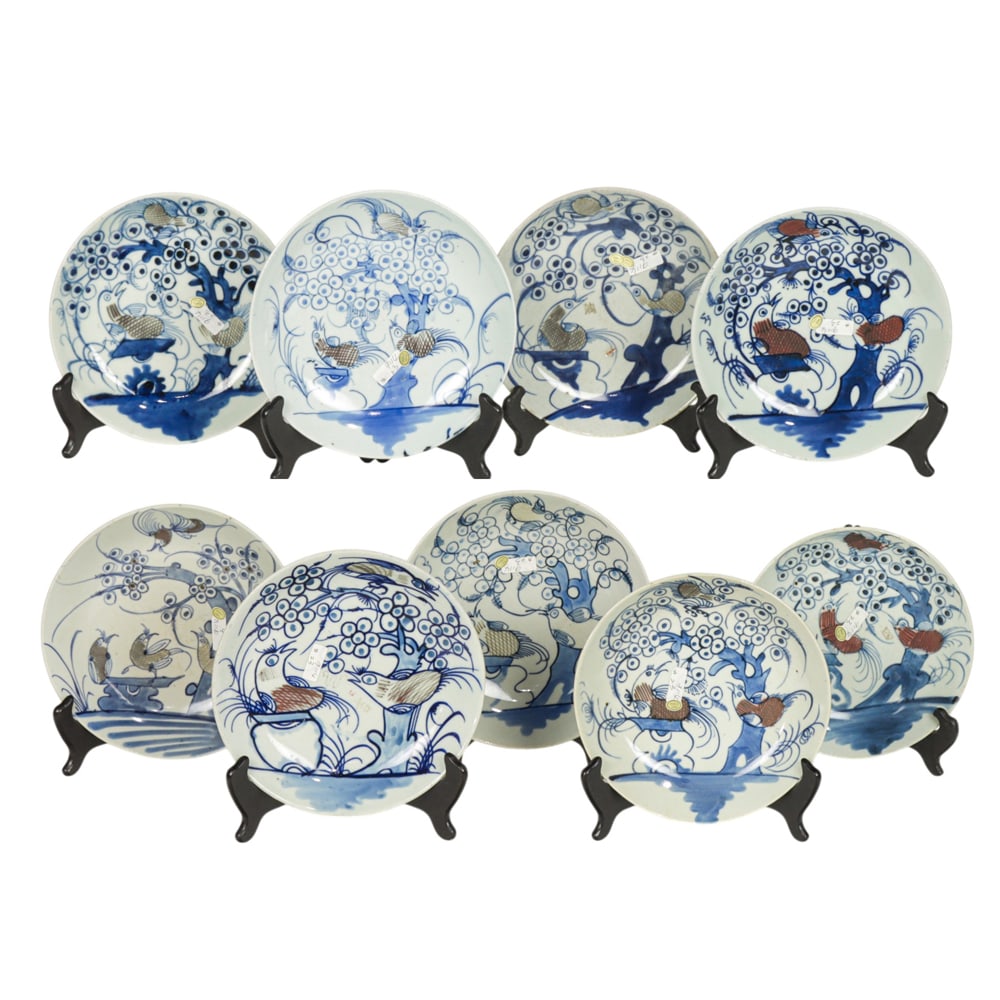 (lot of 9) Chinese blue and white and copper red dishes: (lot of 9) Chinese blue and white and copper red dishes. Depicting birds and flowering prunus tree, late Qing period, from 8" to 8.75" across.
