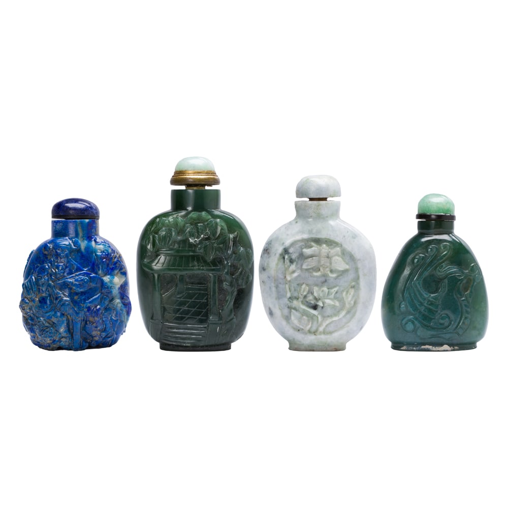 (lot of 4) Chinese jade and hardstone snuff bottles: (lot of 4) Chinese jade and hardstone snuff bottles. Early 20th century, from 2.125" to 2.875" across.