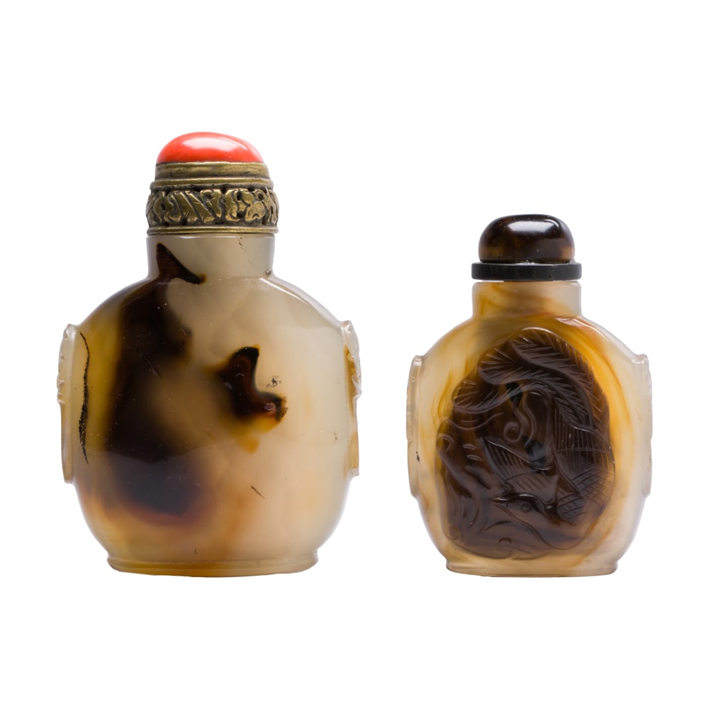 (lot of 2) Chinese shadow agate snuff bottles: (lot of 2) Chinese shadow agate snuff bottles. Late 19th/early 20th century, from 2.375" to 3" high.