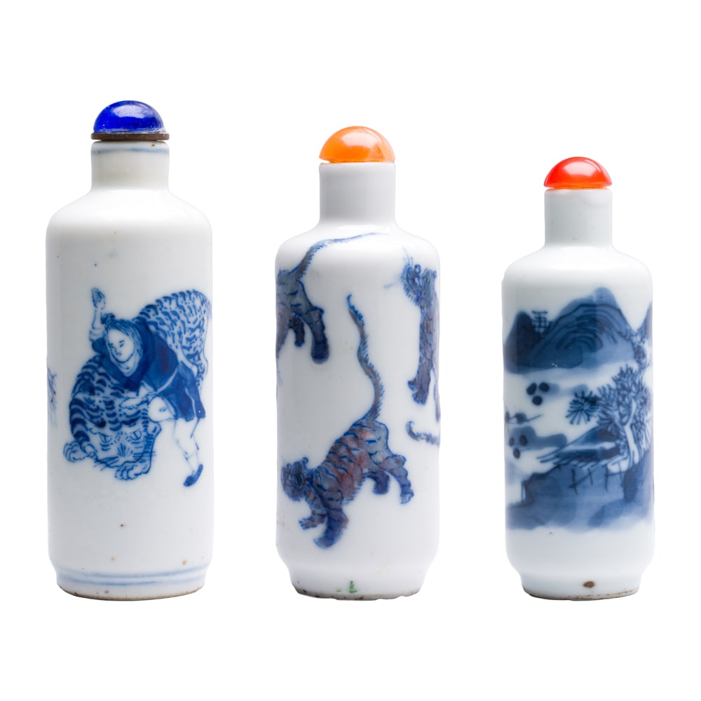 (lot of 3) Chinese blue and white snuff bottles: (lot of 3) Chinese blue and white snuff bottles. Featuring horse, figural and landscape motifs, 19th century, from 3" to 3.25" high.