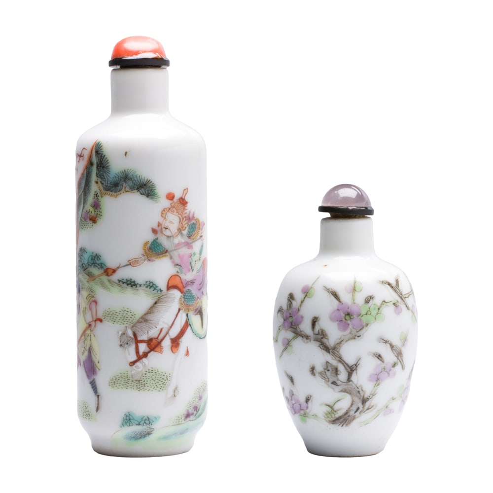 (lot of 2) Chinese famille rose snuff bottles: (lot of 2) Chinese famille rose snuff bottles. Depicting floral and figural motif, 19th century, from 2.125" to 3.375" high.