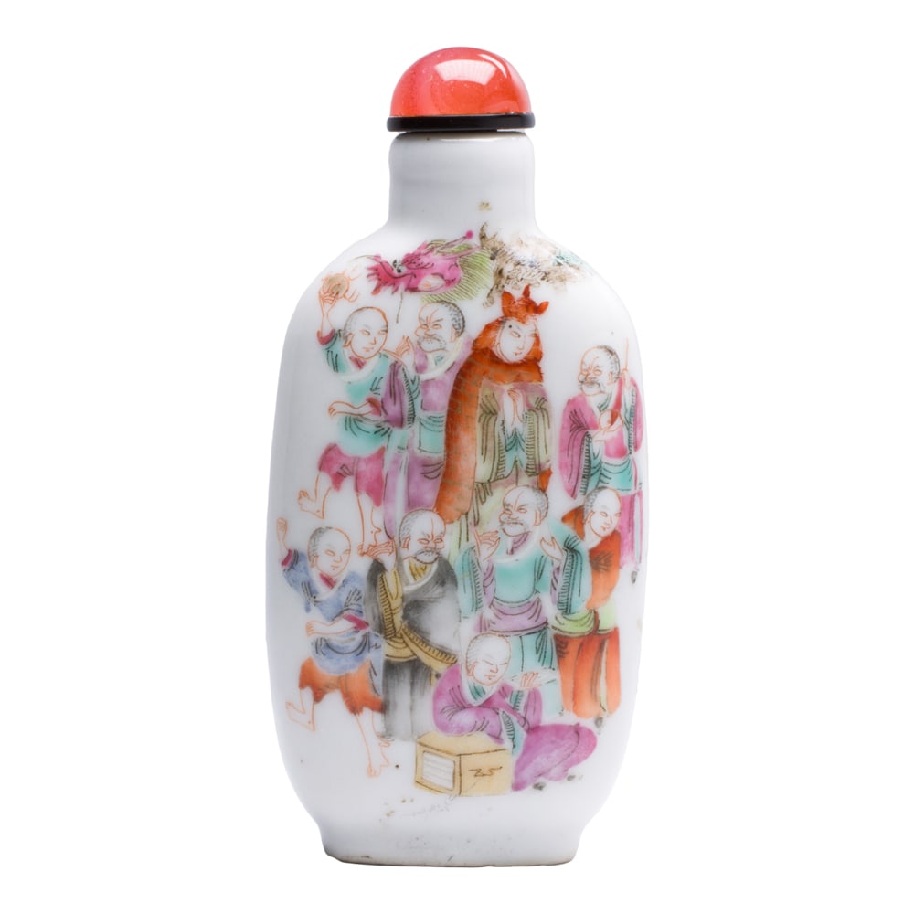 A Chinese famille rose snuff bottle: A Chinese famille rose snuff bottle. Depicting various figural motif, bearing Qianlong four-character mark, Daoguang period, 3" high.