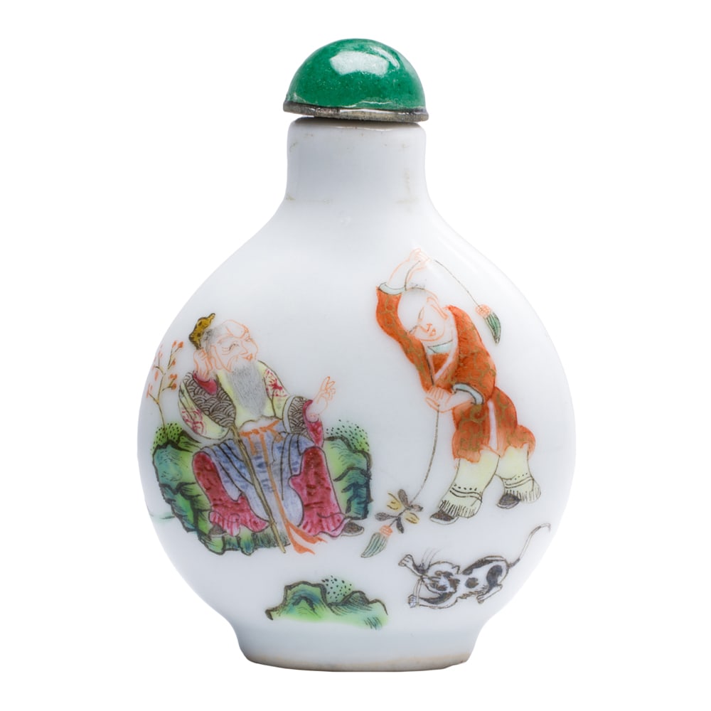 A Chinese famille rose snuff bottle: A Chinese famille rose snuff bottle. Depicting figures in garden setting, Daoguang mark and of the period, 2.75" high
