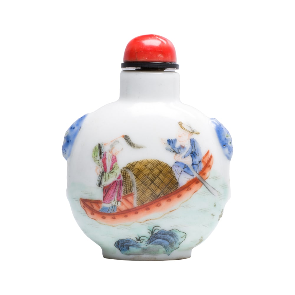 A Chinese famille rose snuff bottle: A Chinese famille rose snuff bottle. Depicting figures seating with in boat, Daoguang mark and of the period, 2.625" high.