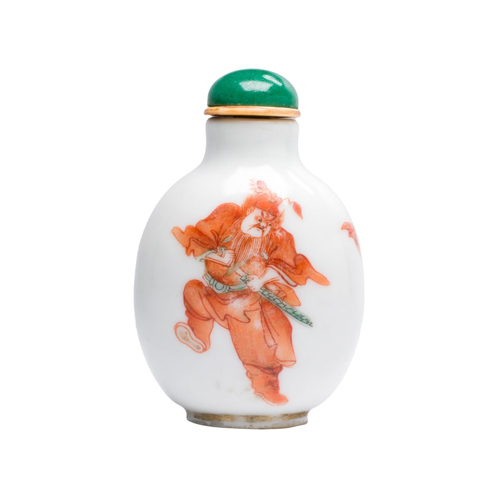 A Chinese famille rose snuff bottle: A Chinese famille rose snuff bottle. Depicting figural motif, bearing Daoguang four-character mark, and of the period, 2.5" high.