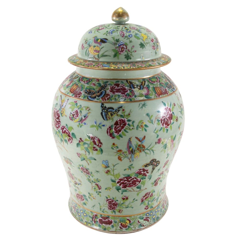 A Chinese famille rose covered jar: A Chinese famille rose covered jar. Depicting birds and floral motif, late Qing period, 24.5" high.