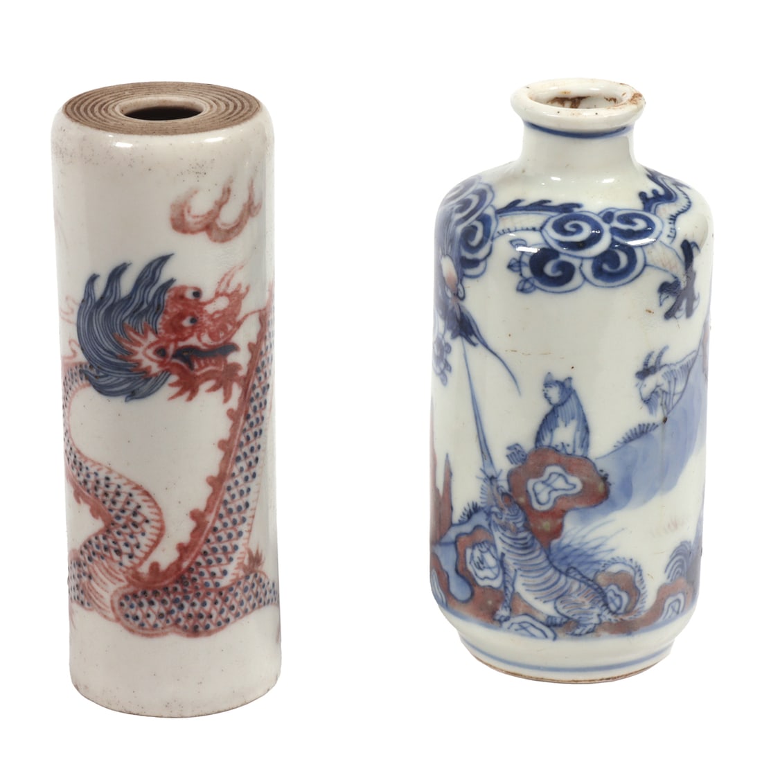 (lot of 2) Chinese blue and white with underglaze copper red snuff bottles: (lot of 2) Chinese blue and white with underglaze copper red snuff bottles. Comprising one depicting dragon motif, and one depicting motif of zodiac, late 19th century, 3.125" high.