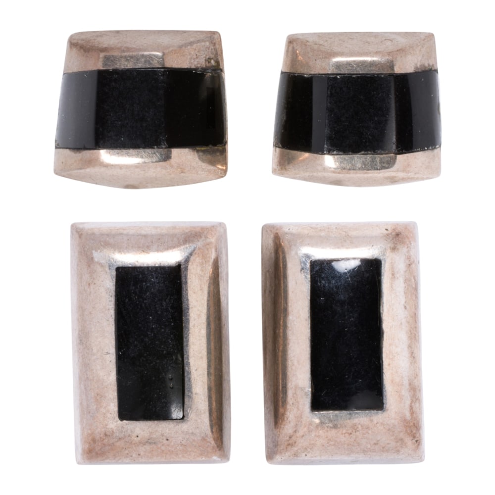 Two pairs of Mexican onyx and silver earrings and ear-clips including Taxco: Two pairs of Mexican onyx and silver earrings and ear-clips including Taxco Comprising one pair of Taxco earrings and one pair of ear-clips set with onyx tablets; gross weight: 16.55 grams