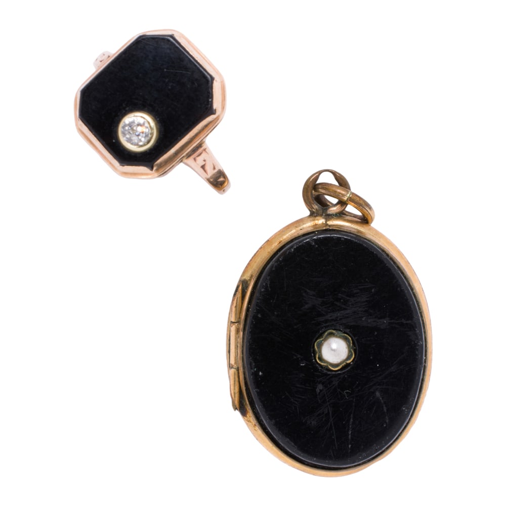 Two pieces of antique onyx jewelry: Two pieces of antique onyx jewelry Comprising one 12k gold ring set with a rectangular onyx tablet measuring approximately 11.20 x 9.87 mm, accented by one old mine-cut diamond, together with a