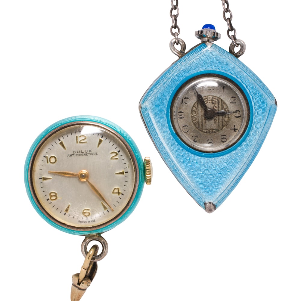 Two antique enamel watch necklaces: Two antique enamel watch necklaces Each of guilloche enamel design; gross weight: 46.60 grams
