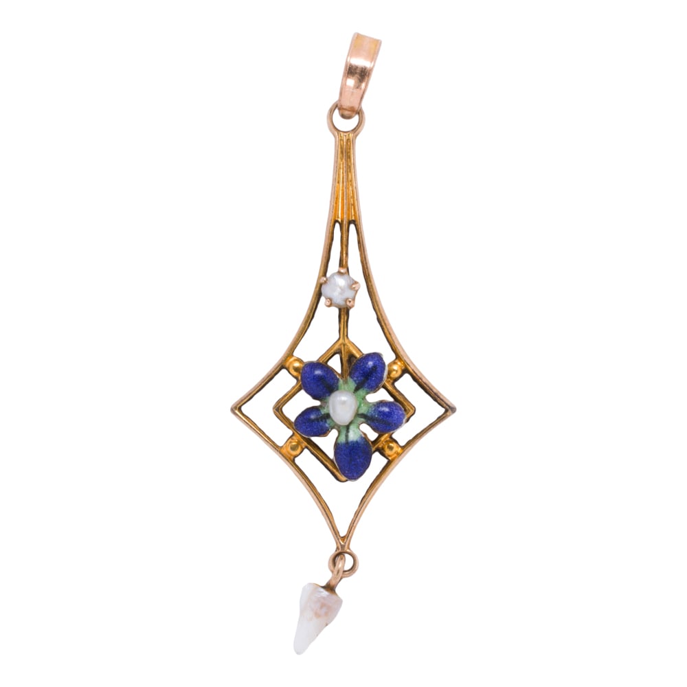 An antique enamel, american river pearl, and 10k gold pendant: An antique enamel, american river pearl, and 10k gold pendant Of open form design, featuring an enamel flower set with seed pearls, accented by one american river pearl measuring 4.56 mm long;