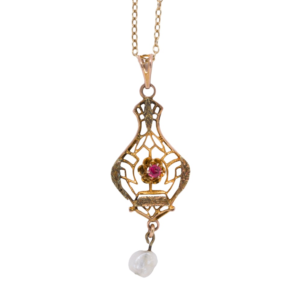 An antique ruby, cultured pearl, and gold pendant necklace (1 of 1)