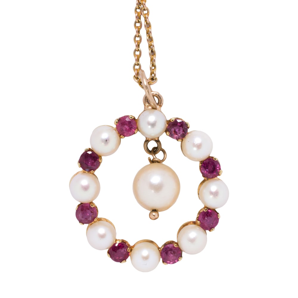 A cultured pearl, ruby, and 9k gold pendant necklace (1 of 1)