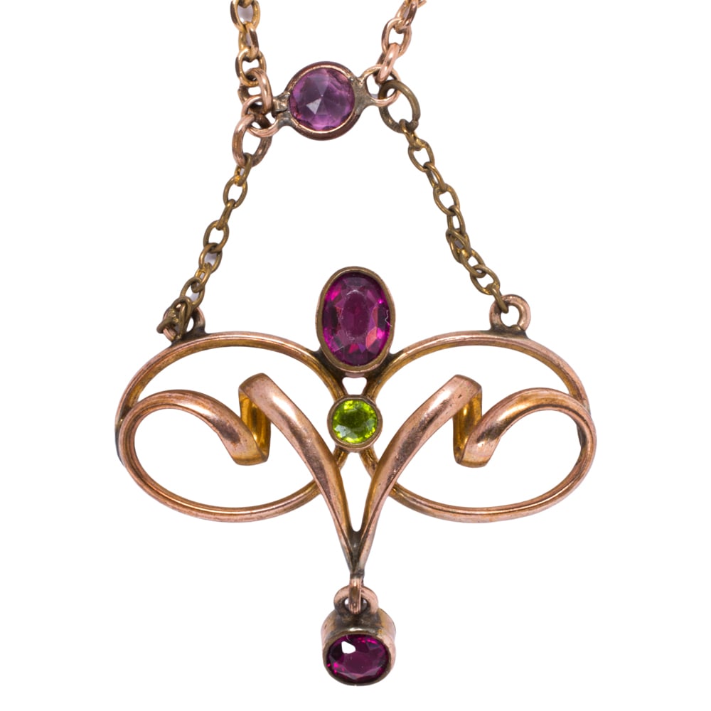 A gem-set and gold-filled necklace: A gem-set and gold-filled necklace Of Art Nouveau design, set with numerous multi-color stones of varying cuts; length: 16 1/2 in; 6.55 grams