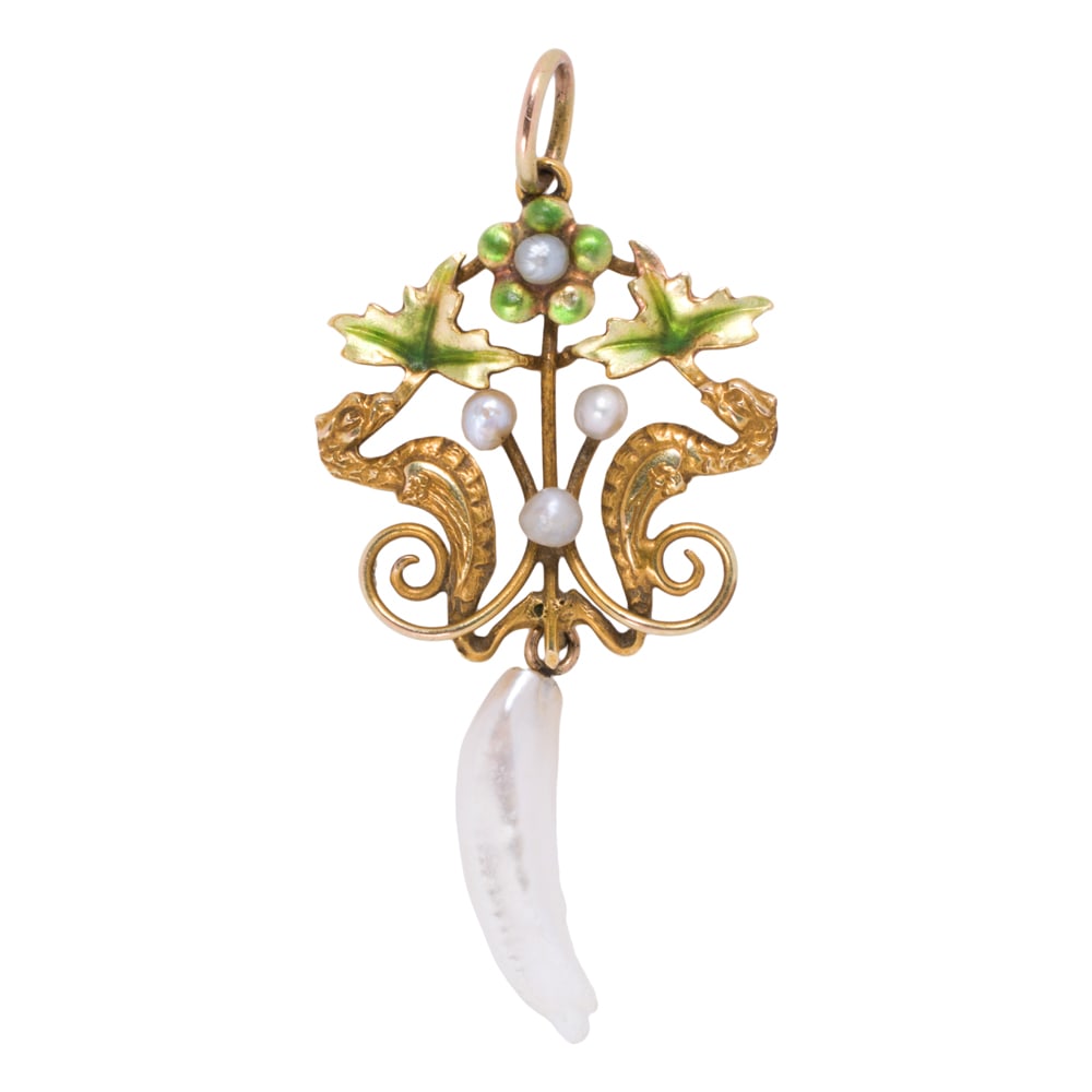An antique enamel, cultured pearl, and 9k gold pendant: An antique enamel, cultured pearl, and 9k gold pendant The pendant designed as two seahorses, set with seed pearls and a cultured pearl measuring 14.92 mm long; length: 1 1/2 in; 1.40 grams