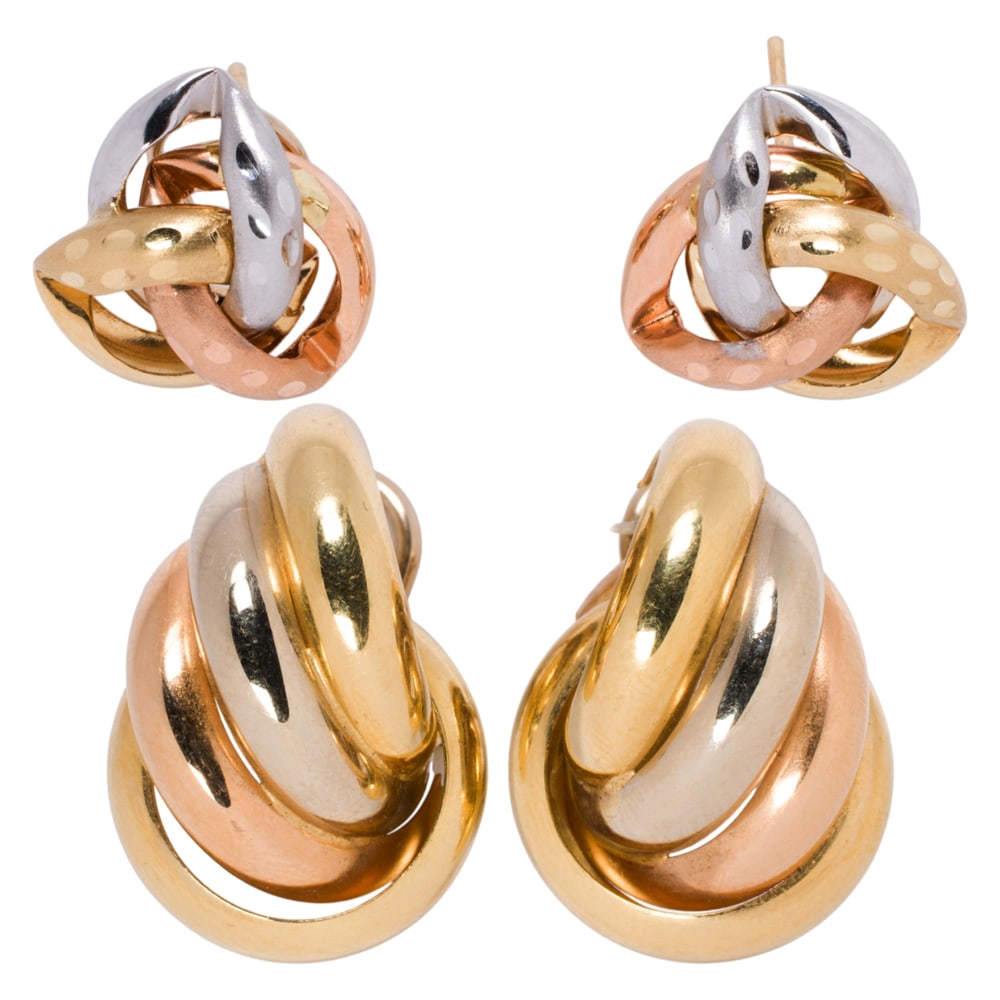 Two pairs of 18k gold earrings: Two pairs of 18k gold earrings Each of knot design; gross weight: 10.80 grams