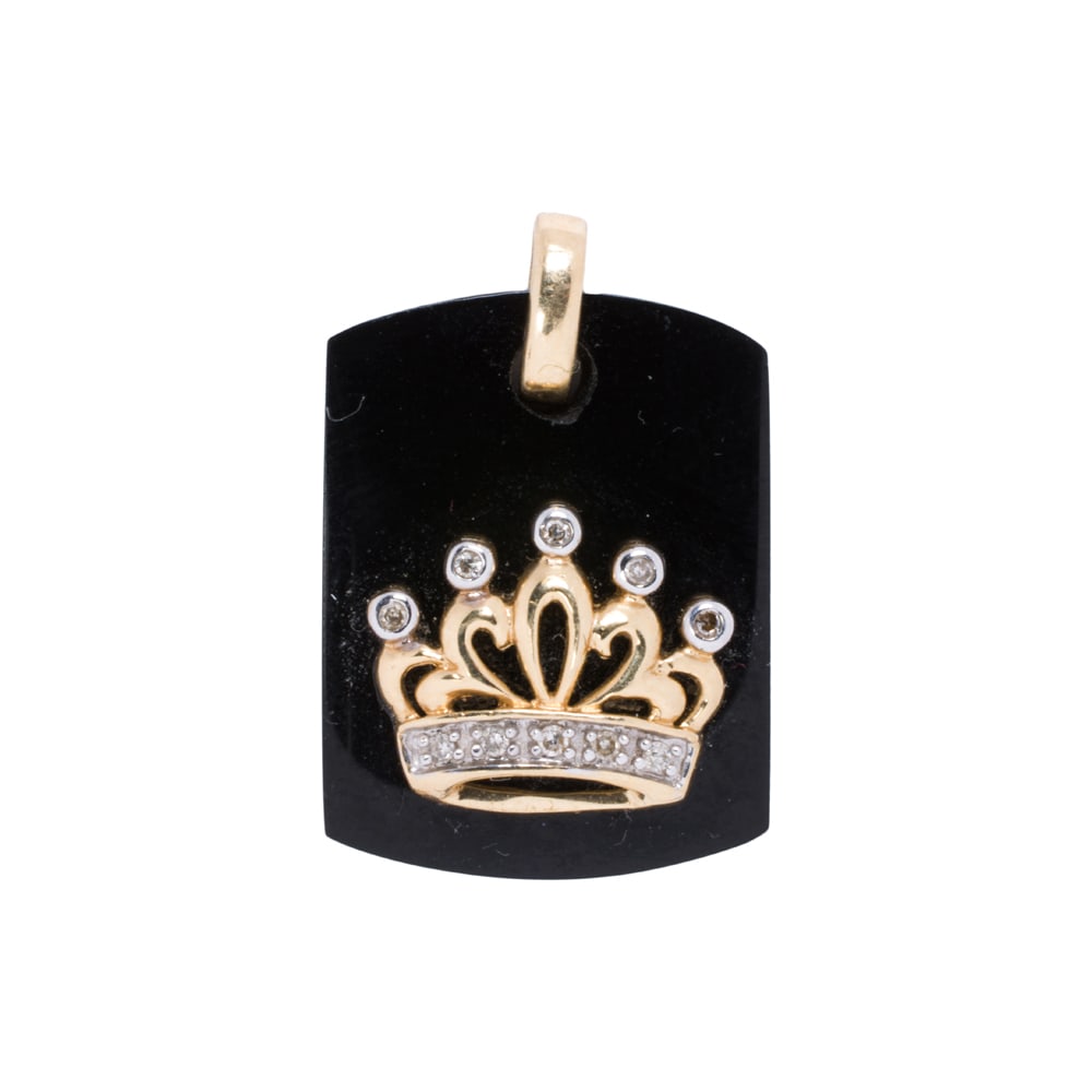An onyx, diamond, and 14k gold pendant: An onyx, diamond, and 14k gold pendant Designed as an onyx tablet set with a 14k gold crown motif, accented by ten single-cut diamonds; length: 5/8 in; 3.10 grams