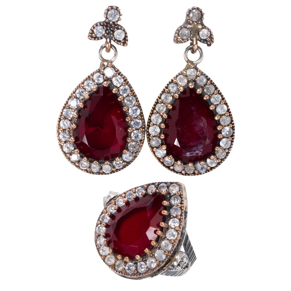 A synthetic gem and silver pair of earrings and ring (1 of 1)