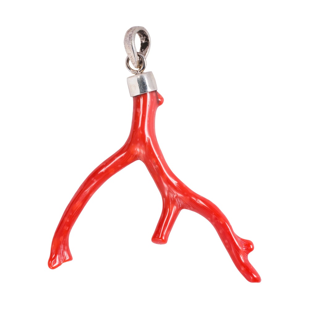 A coral and silver pendant: A coral and silver pendant Designed as a polished coral branch set within silver; length: 2 1/2 in; 5.50 grams