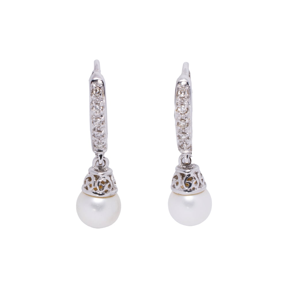 A pair of cultured pearl and 14k white gold earrings: A pair of cultured pearl and 14k white gold earrings Each featuring a cultured pearl; length: 3/4 in; 3.00 grams