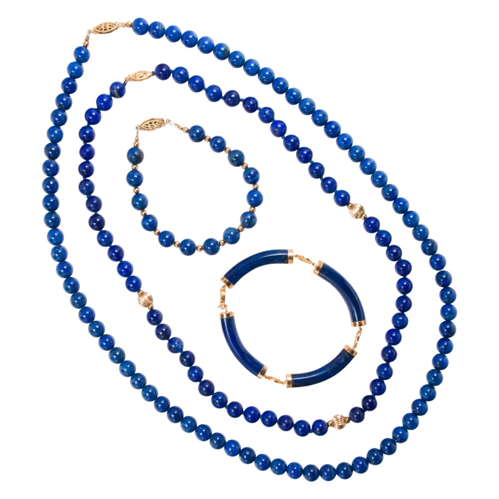 Three pieces of lapis lazuli, gold, and gold-filled jewelry (1 of 2)