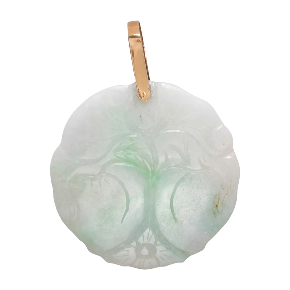 A jade and 14k gold pendant: A jade and 14k gold pendant featuring a jade carving depicting peaches; length: 2 3/4 in; 23.80 grams