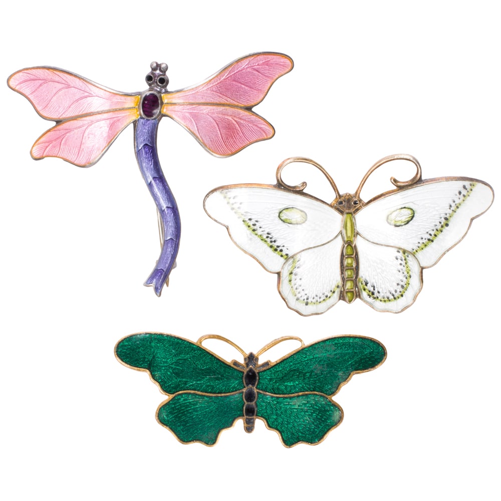 Three enamel insect pins: Three enamel insect pins Comprising three champleve enamel insect pins of varying colors; gross weight: 22.00 grams