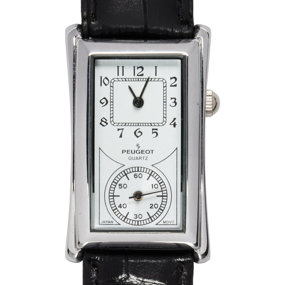 A stainless steel Peugeot quartz wristwatch: A stainless steel Peugeot quartz wristwatch the rectangular dial, Roman hours, pencil hands, seconds aperture, on a black leather strap; strap length: 6 1/2 - 8 1/2 in