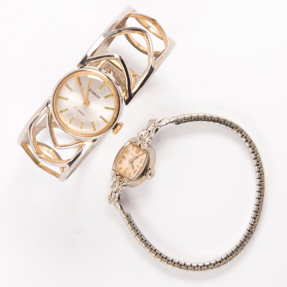 Two silver-tone watches: Two silver-tone watches Comprising one silver-toned, gold-filled Bulova cocktail watch, together with one Parker silver-toned watch-bracelet; gross weight: 41.40 grams