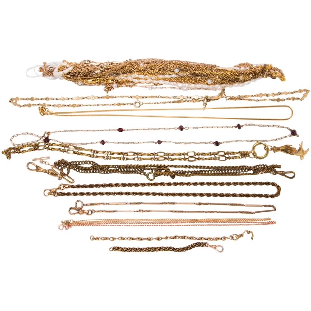 A miscellaneous group of gold-filled chains: A miscellaneous group of gold-filled chains Comprising an assortment of gold-filled chains of varying shapes and sizes; gross weight (includes plastic bags): 147.40 grams