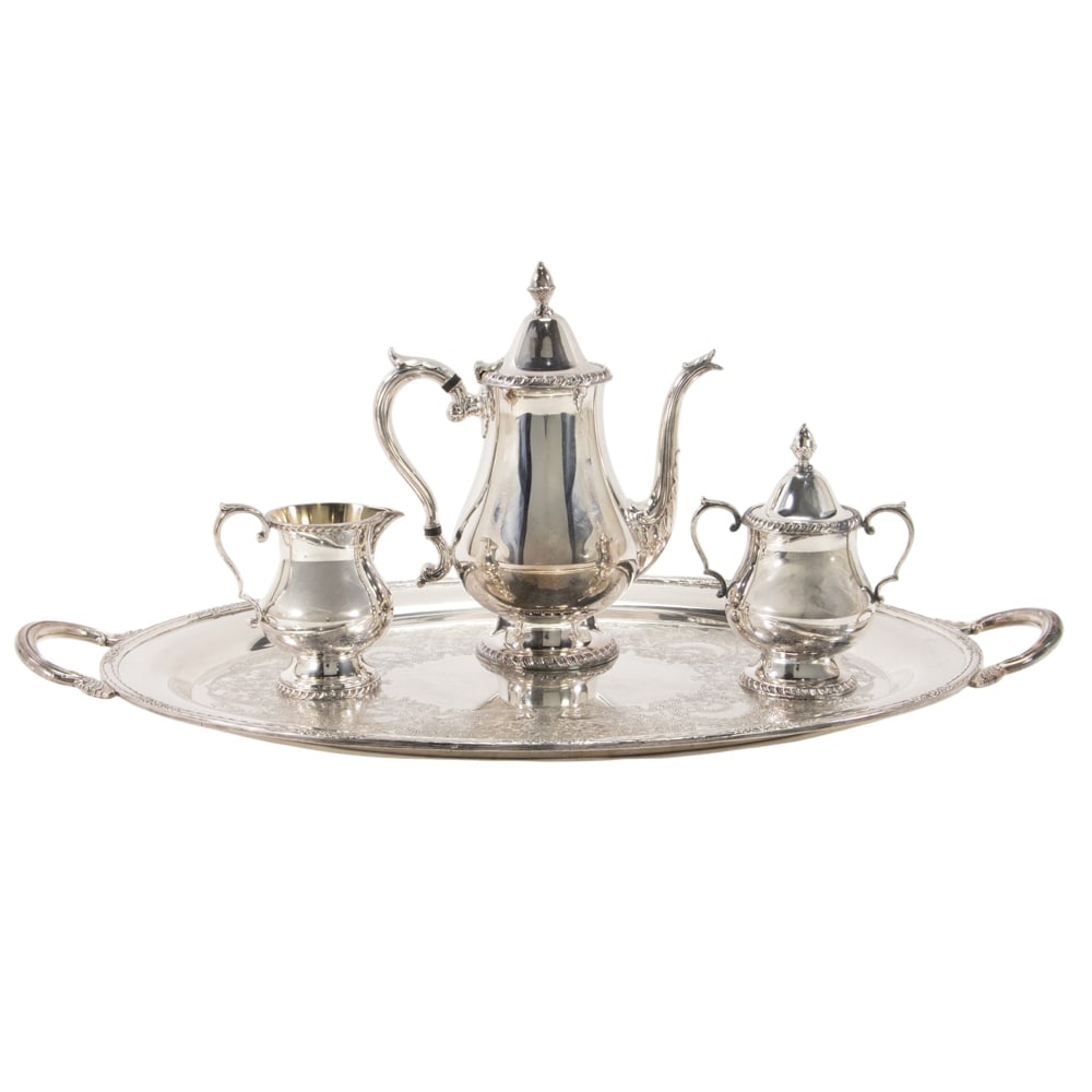 A Wallace silver plated three piece coffee set with associated tray (1 of 1)