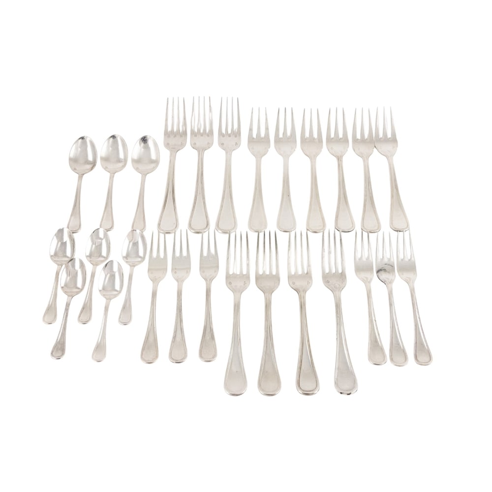 An Italian silver plated partial flatware set: An Italian silver plated partial flatware set, Sambonet, Contour, comprising: 3-8 in forks, 4-7 1/4 in dessert forks, 6-7 1/4 in fish forks, 6-6 1/8 in cake forks, 3 teaspoons and 5 coffee spoons. (27