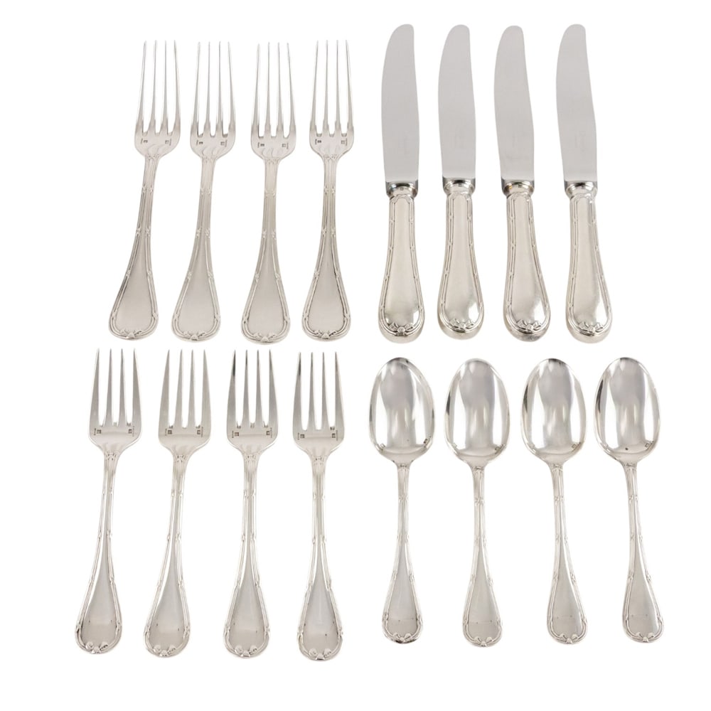 A set of French silver plate flatware: A set of French silver plate flatware, Christofle, Rubans, comprising: 4 each: 8 1/8 in forks, 6 1/2 in salad forks, teaspoons and 9 5/8 knives. (16 pieces)