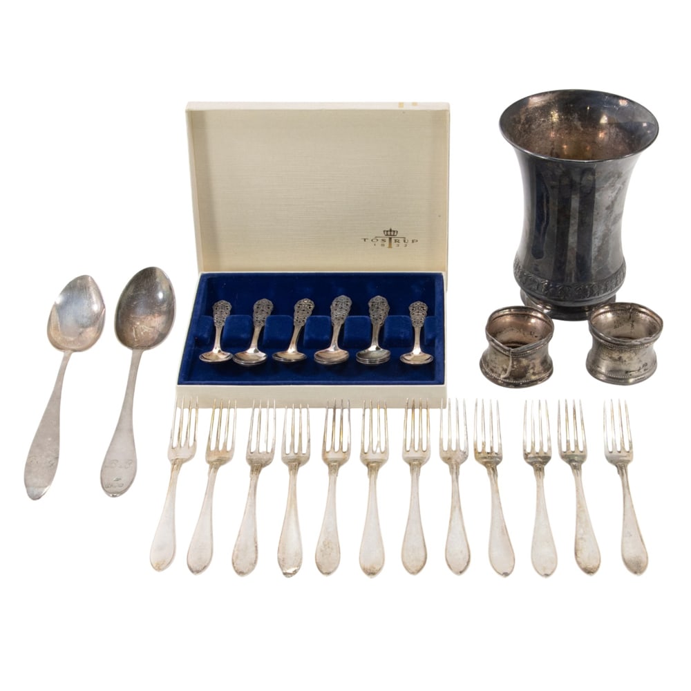 A Swedish silver presentation cup with a group of Continental silver flatware: A Swedish silver presentation cup with a group of Continental silver flatware, comprising: set 12 Norwegian 830 standard coffee spoons, 12 800 Swedish silver fruit forks, and 2 various antique silver 