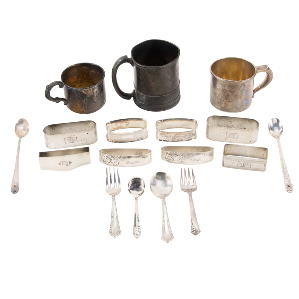 A sterling group: A sterling group, comprising: antique child's cup by Gorham dated 1881, with two later examples by Wallace and another; a 2 pc. infant's flatware set with 4 various other infant flatware; and 3 pairs