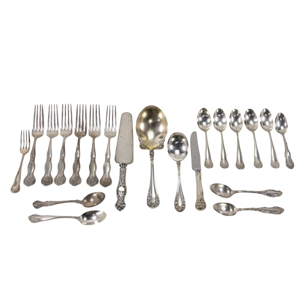 A sterling flatware group: A sterling flatware group: set of 6-7 5/8 in forks, H. H. Curtis & Co.; 1 berry spoon and 1 soup spoon, Wallace, Rose; 2 teaspoons, Towle, Old English; 1 teaspoon, Gorham, Cambridge; 1 teaspoon, Inter