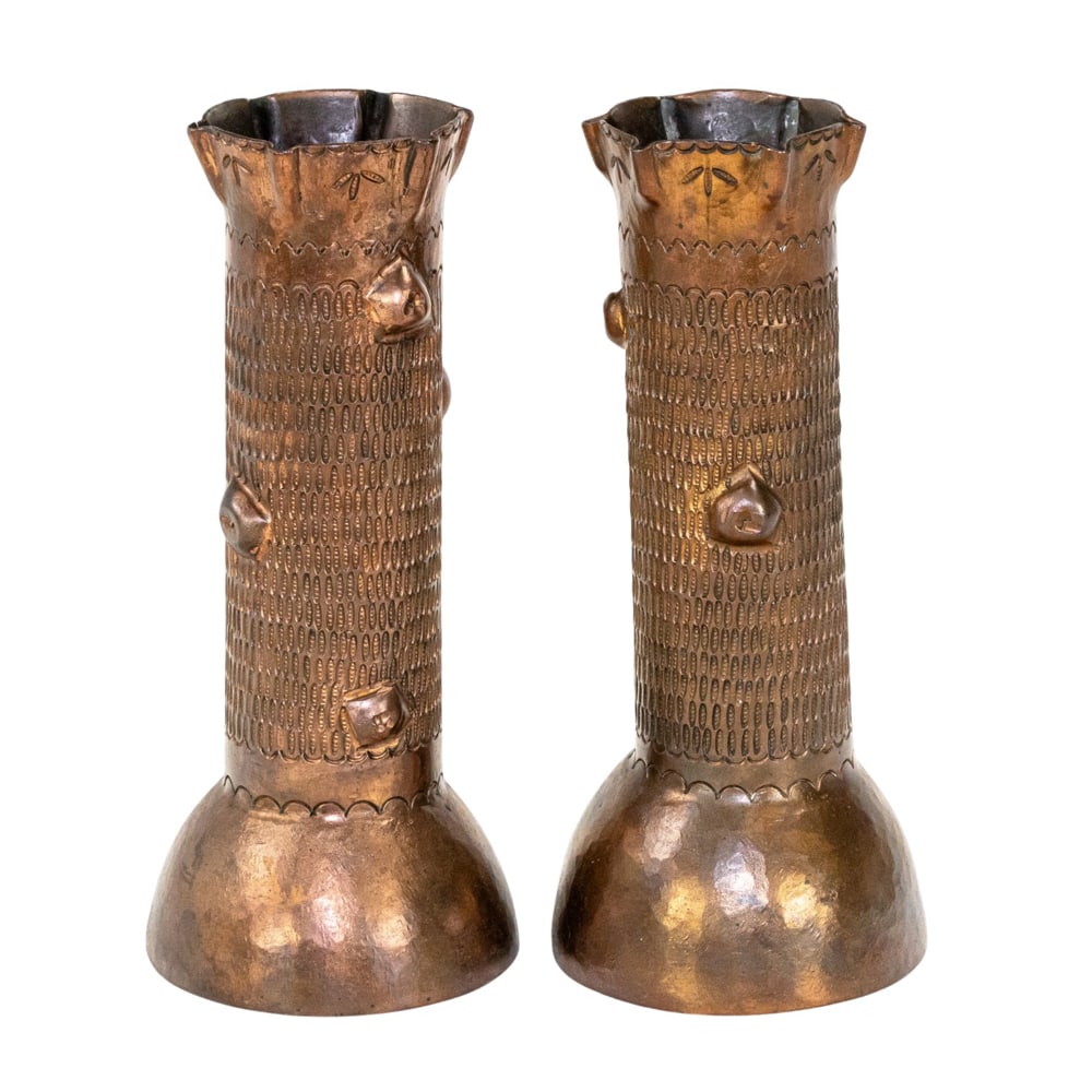 A pair of Trench Art style hammered copper vases (1 of 1)