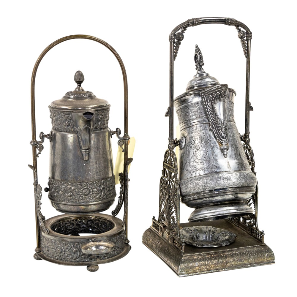Two English Aesthetic Movement silver plated titling kettles on stands: Two English Aesthetic Movement silver plated titling kettles on stands, 22"h x 9"sq