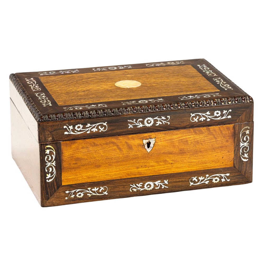 An English mother-of-pearl inlaid satinwood and rosewood table box: An English mother-of-pearl inlaid satinwood and rosewood table box, 19th century, 4.5"h x 10.5"w x 7"d