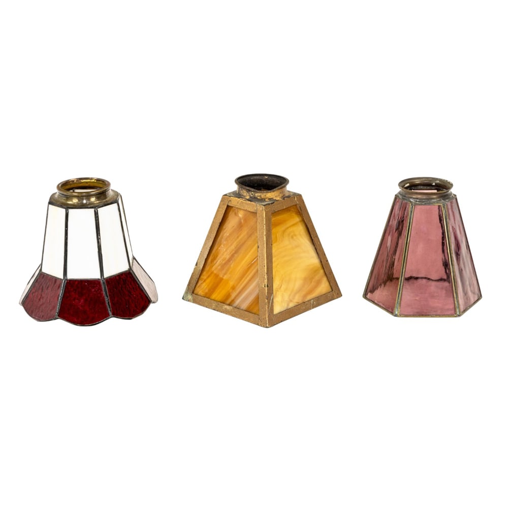 Three Arts and Crafts leaded slag glass light shades: Three Arts and Crafts leaded slag glass light shades, 5"h x 2.25"dia (fitter)