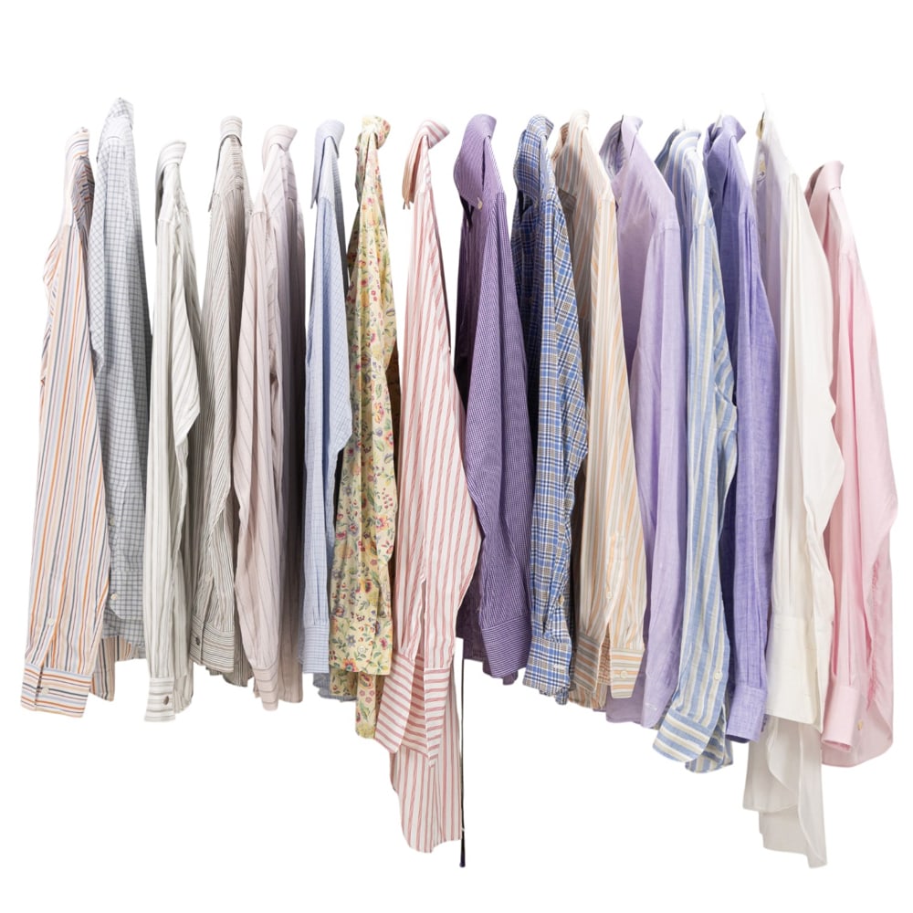 An assembled group of sixteen men's designer dress shirts: An assembled group of sixteen men's designer dress shirts, including (6) Hermes shirts in sizes 40 15 3/4 and 39 15 1/2