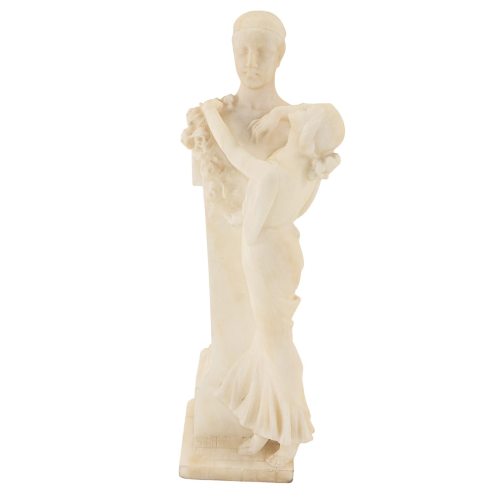 An Italian alabaster figure of a young lover at an altar to love: An Italian alabaster figure of a young lover at an altar to love, late 19th/early 20th century, the maiden depicted garlanding a figural herm, unsigned, 17.5"h