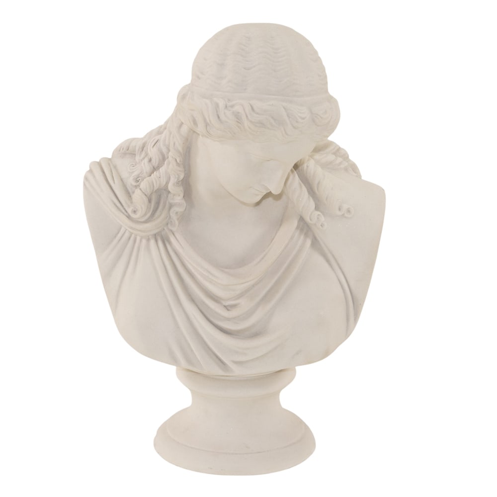 An English cast marble bust of Greek goddess: An English cast marble bust of Greek goddess, Sculpted Arts Studio, applied faux coin in base, applied pad marks 'Made in England' and 'Sculpted Arts', 11"h