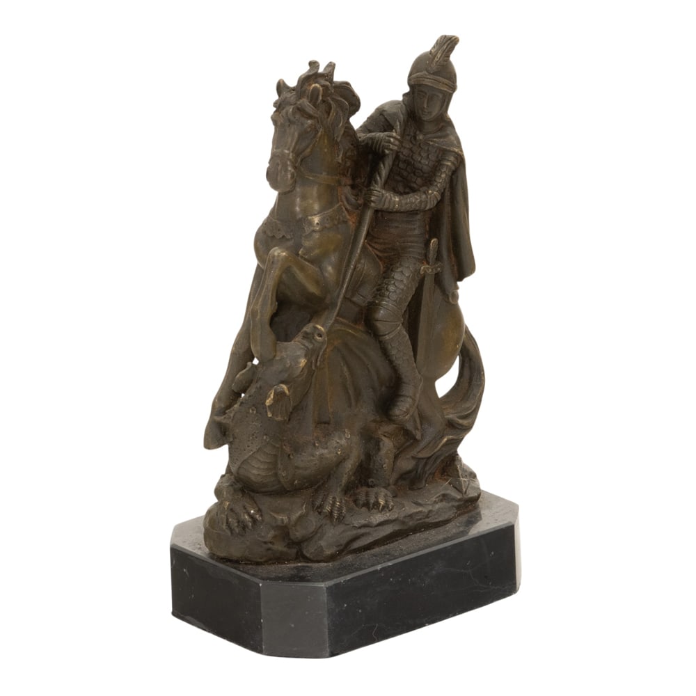 A Continental style patinated bronze figure of St. George and the Dragon: A Continental style patinated bronze figure of St. George and the Dragon, after a model by Jean Baptiste Carpeaux, raised on marble plinth, incised 'Carpeaux', 8.5"h