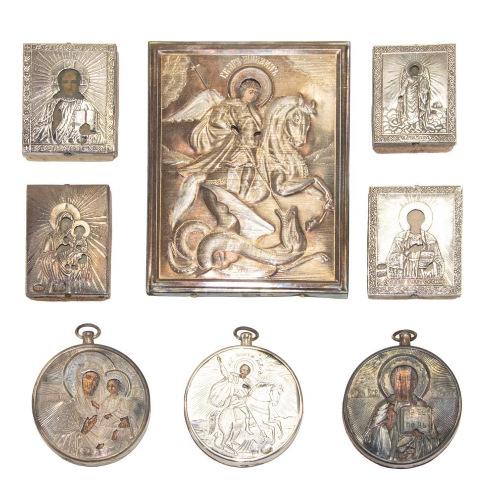 A group of eight Orthodox icons with 84 standard silver oklads: A group of eight Orthodox icons with 84 standard silver oklads, in miniature and travel sizes, between 1.75'h x 1.5"h and 4.5"h x 3.5"w