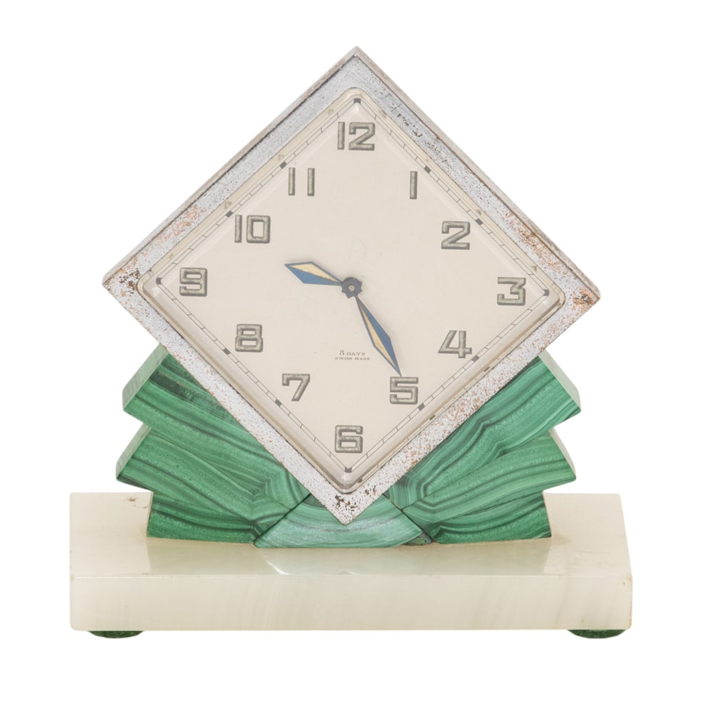 An Art Deco chromed metal, malachite and onyx desk clock (1 of 1)