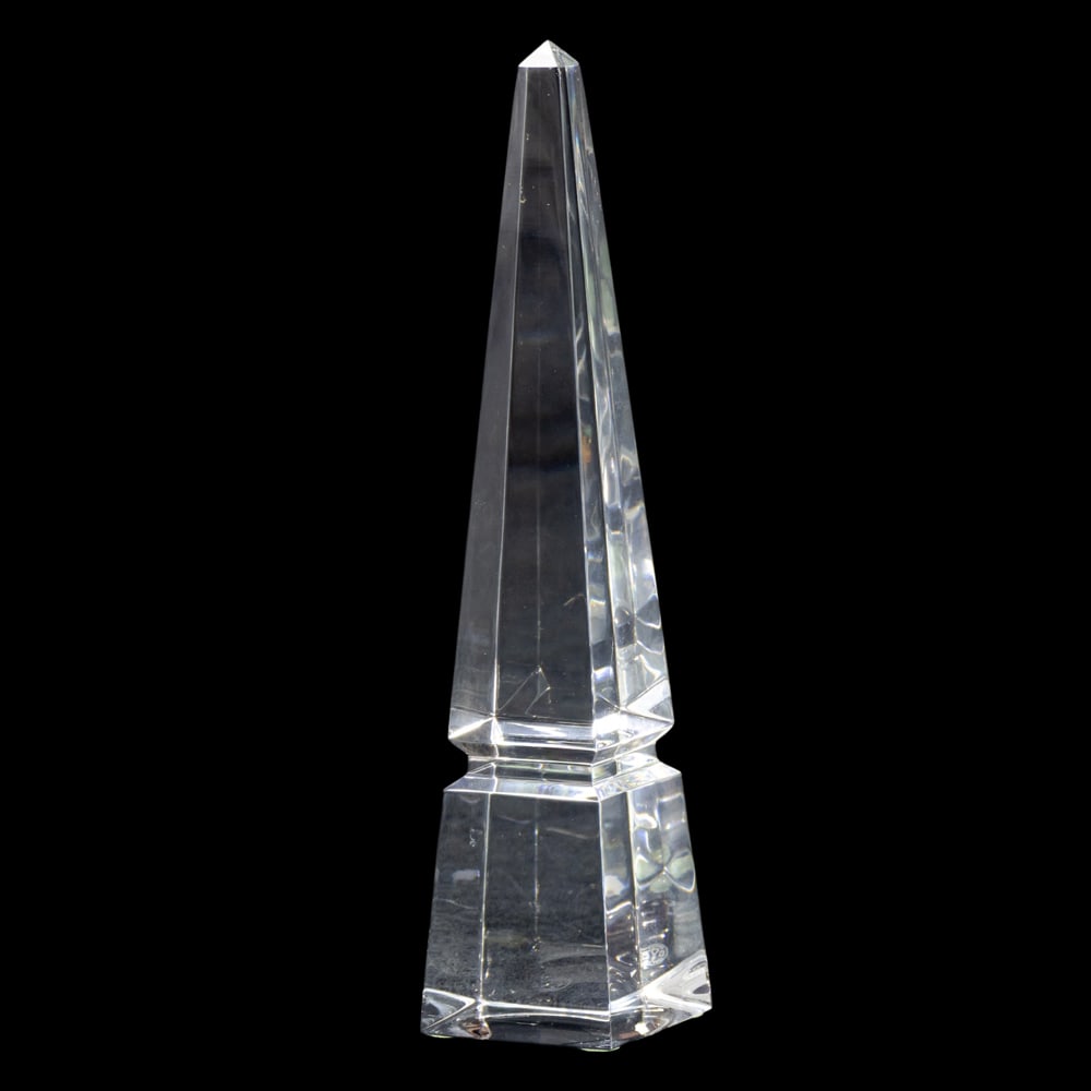 A Baccarat glass obelisk: A Baccarat glass obelisk, acid etched factory mark, 10"h