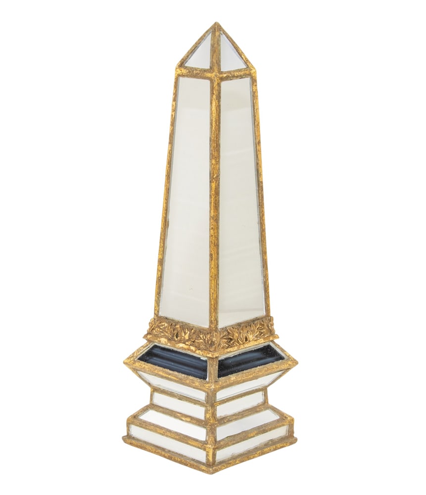 A Hollywood Regency style parcel gilt and mirrored obelisk: A Hollywood Regency style parcel gilt and mirrored obelisk, 26"h x 6"sq