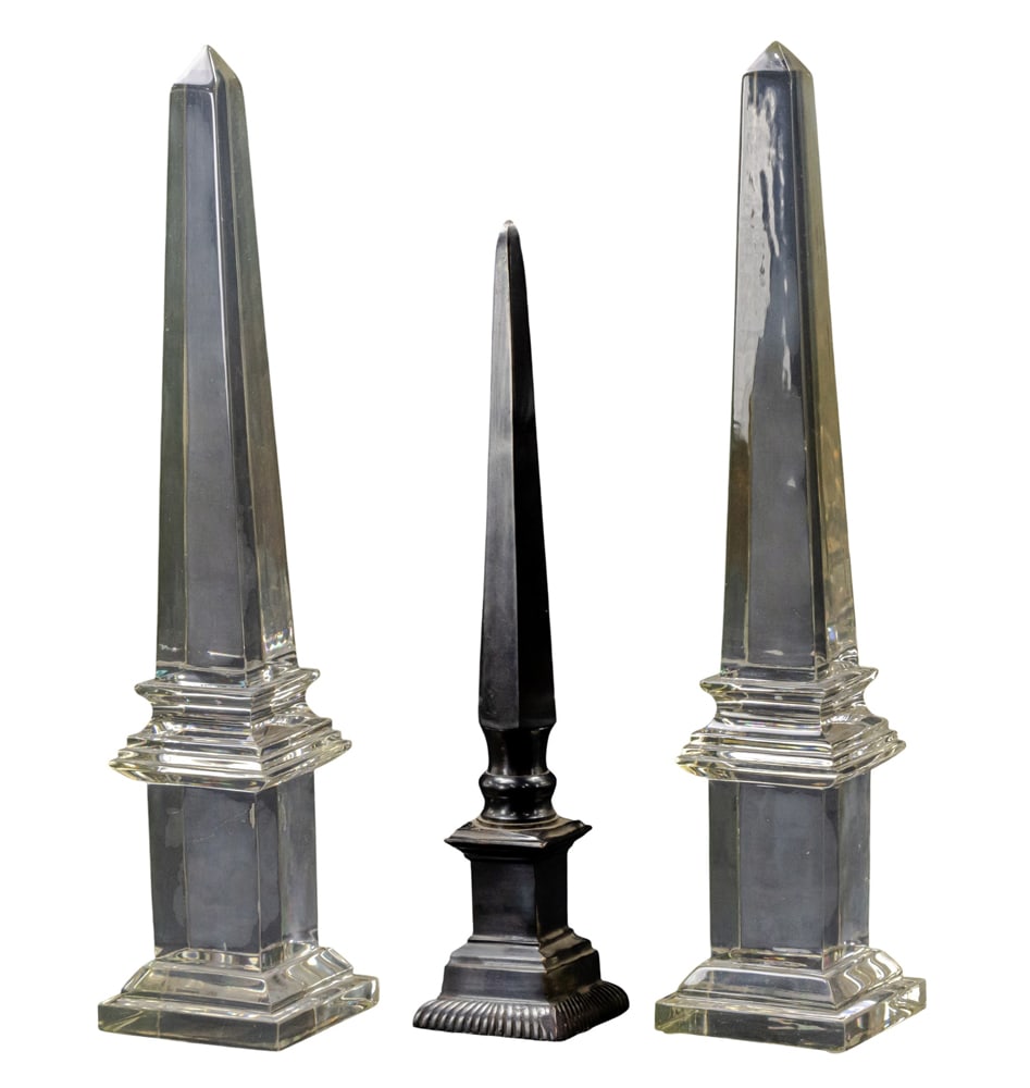 Three obelisks: Three obelisks, comprising a patinated bronze hexagonal example 17.5"h and a pair of lucite obelisks by The Square Nest 21.5"h